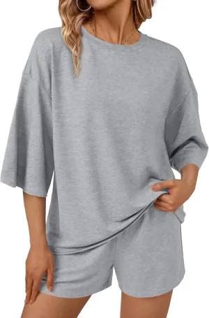 AUTOMET Womens Lounge Sets Two Piece Set Summer Outfits 2 Piece Pajama 3/4 Sleeve Oversized Tshirts Elastic Waist Short