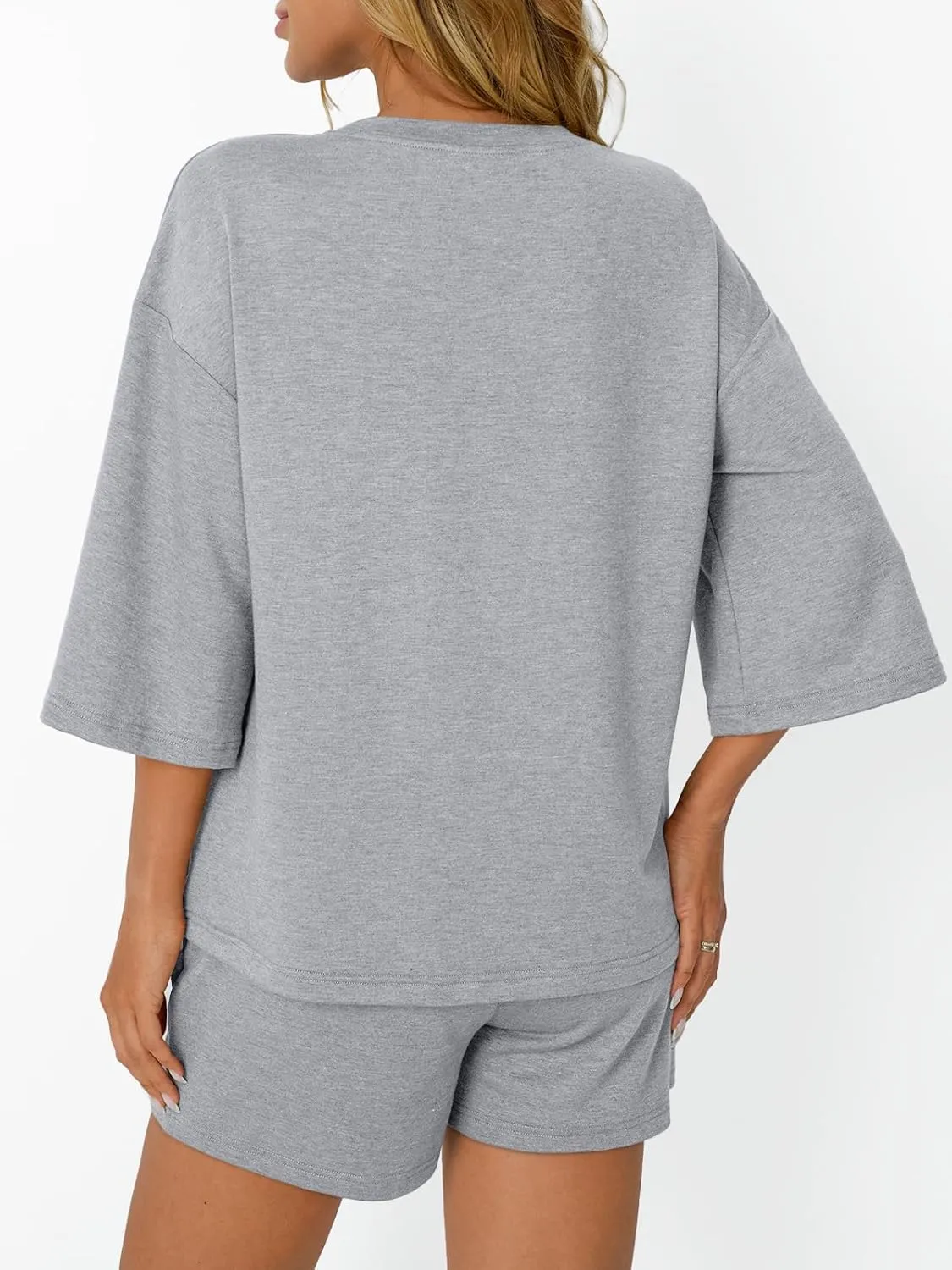 AUTOMET Womens Lounge Sets Two Piece Set Summer Outfits 2 Piece Pajama 3/4 Sleeve Oversized Tshirts Elastic Waist Short