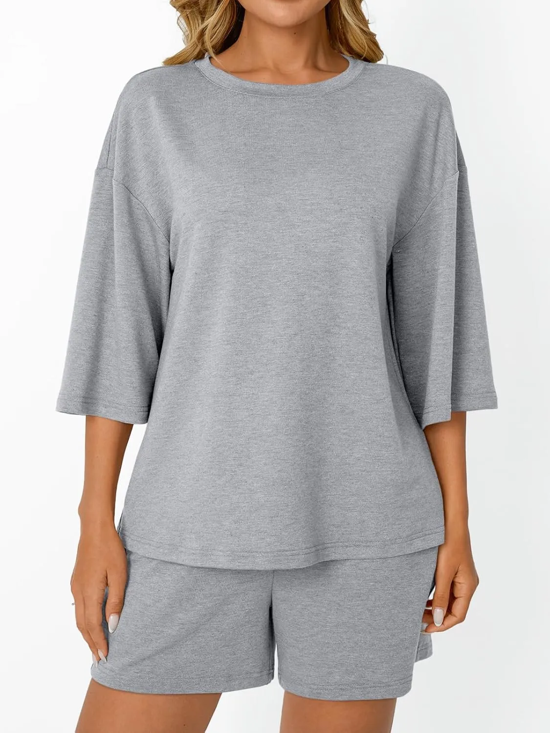 AUTOMET Womens Lounge Sets Two Piece Set Summer Outfits 2 Piece Pajama 3/4 Sleeve Oversized Tshirts Elastic Waist Short