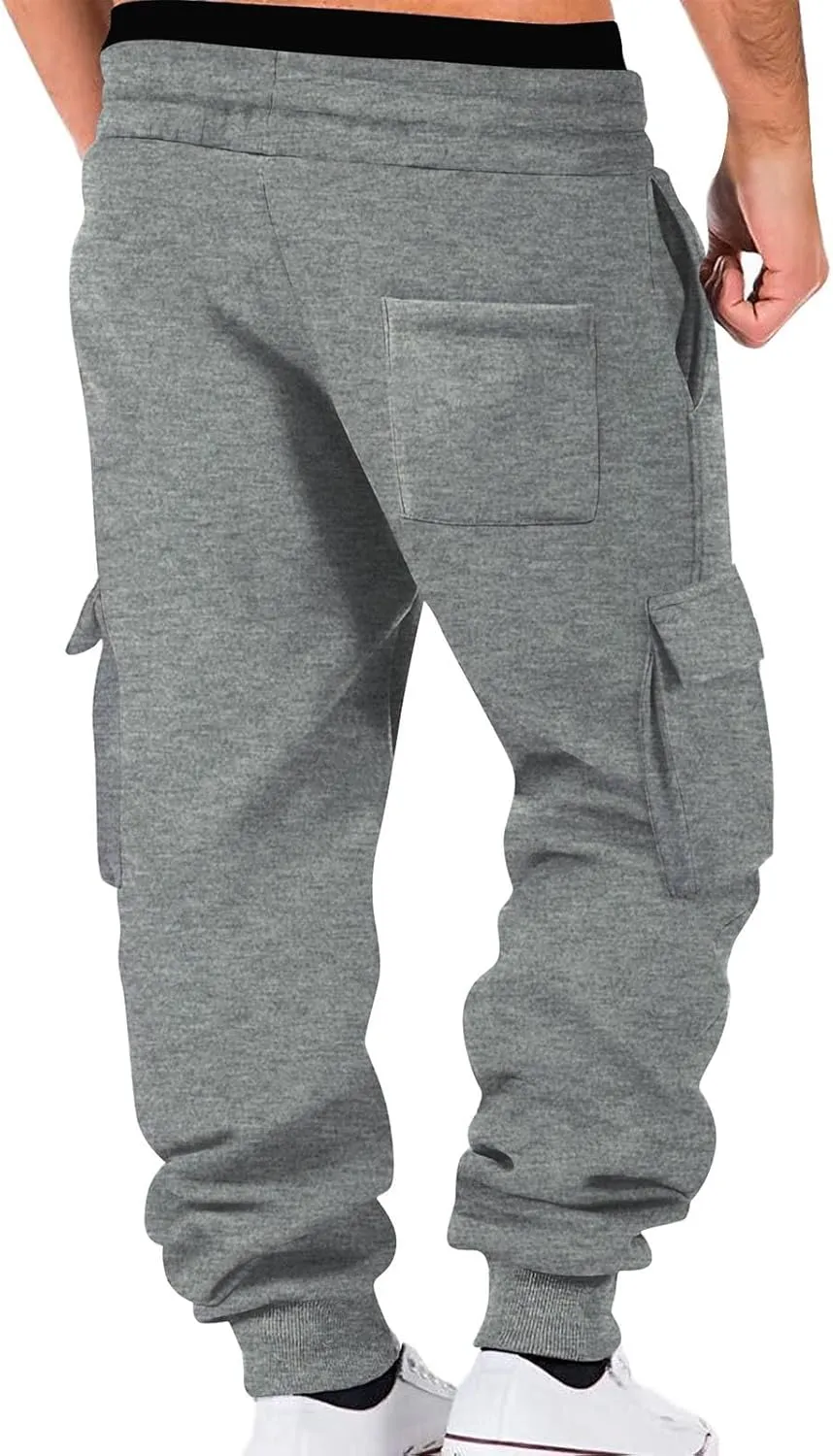 Aymnlox Mens Casual Cargo Pants with Multi Pockets Stretch Waist Drawstring Pants Jogger Athletic Heavyweight Tapered Pants