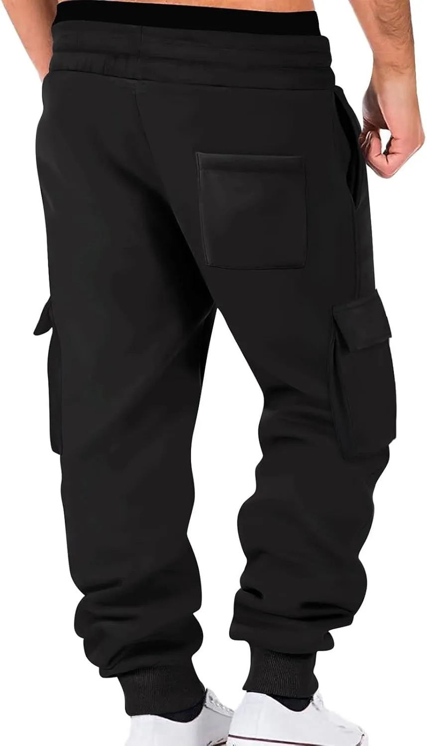Aymnlox Mens Casual Cargo Pants with Multi Pockets Stretch Waist Drawstring Pants Jogger Athletic Heavyweight Tapered Pants
