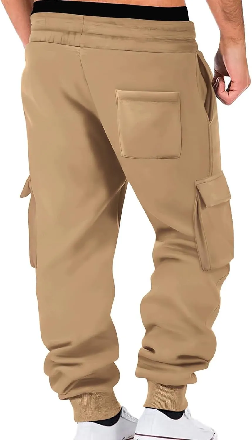 Aymnlox Mens Casual Cargo Pants with Multi Pockets Stretch Waist Drawstring Pants Jogger Athletic Heavyweight Tapered Pants