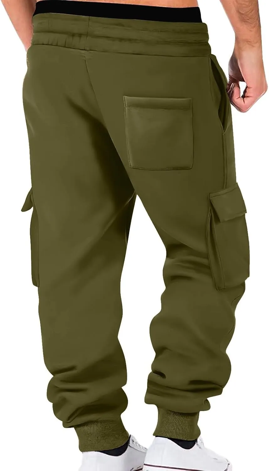 Aymnlox Mens Casual Cargo Pants with Multi Pockets Stretch Waist Drawstring Pants Jogger Athletic Heavyweight Tapered Pants
