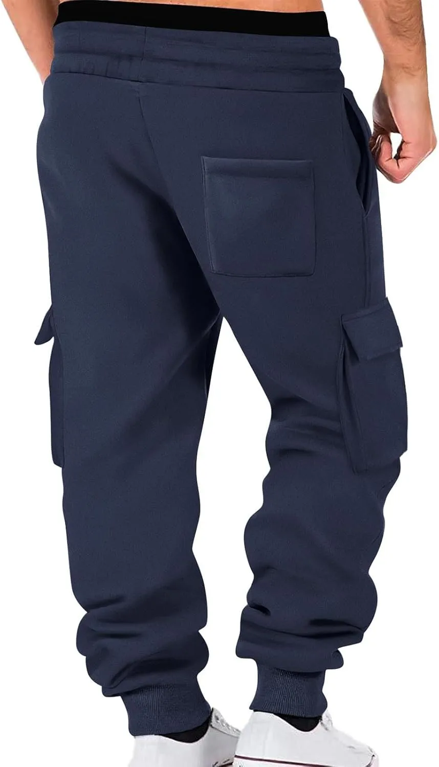 Aymnlox Mens Casual Cargo Pants with Multi Pockets Stretch Waist Drawstring Pants Jogger Athletic Heavyweight Tapered Pants