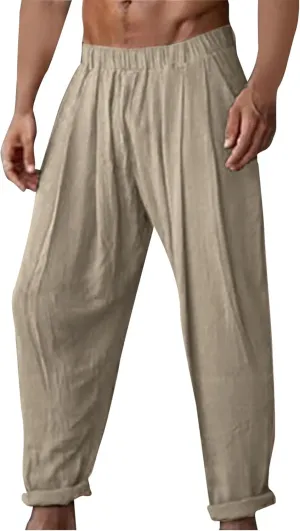 Aymnlox Mens Cotton Linen Pants Solid Color Loose Fit Chino Trousers Elastic Waist Tapered Parachute Casual Pants with Pocket