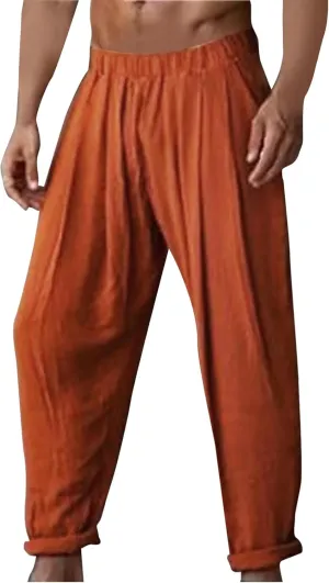 Aymnlox Mens Cotton Linen Pants Solid Color Loose Fit Chino Trousers Elastic Waist Tapered Parachute Casual Pants with Pocket