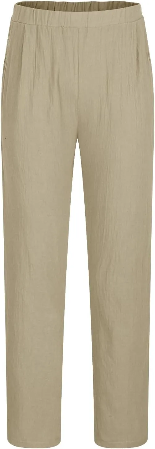 Aymnlox Mens Cotton Linen Pants Solid Color Loose Fit Chino Trousers Elastic Waist Tapered Parachute Casual Pants with Pocket