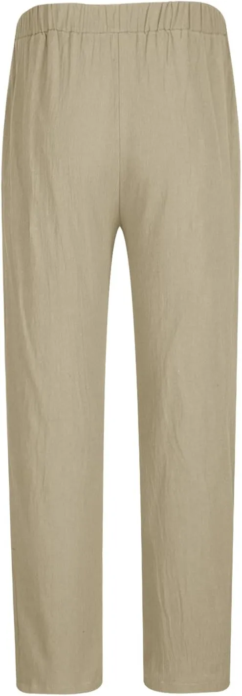 Aymnlox Mens Cotton Linen Pants Solid Color Loose Fit Chino Trousers Elastic Waist Tapered Parachute Casual Pants with Pocket