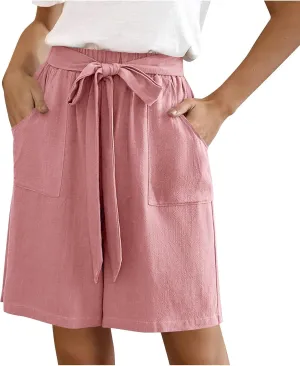 Bermuda Shorts for Women Bowknot Tie Drawstring High Waisted Elastic Comfy Wide Leg with Pocket Lounge Summer