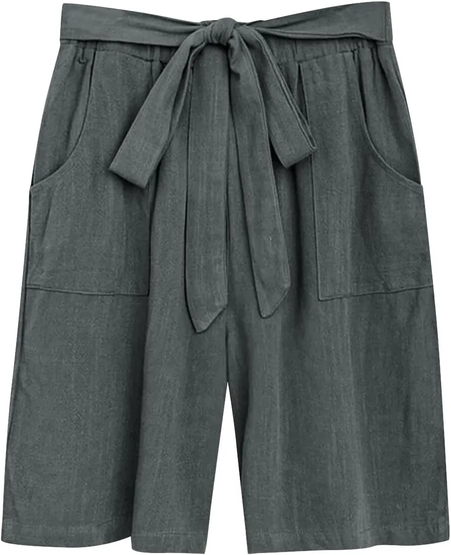 Bermuda Shorts for Women Bowknot Tie Drawstring High Waisted Elastic Comfy Wide Leg with Pocket Lounge Summer