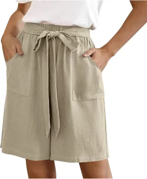 Bermuda Shorts for Women Bowknot Tie Drawstring High Waisted Elastic Comfy Wide Leg with Pocket Lounge Summer