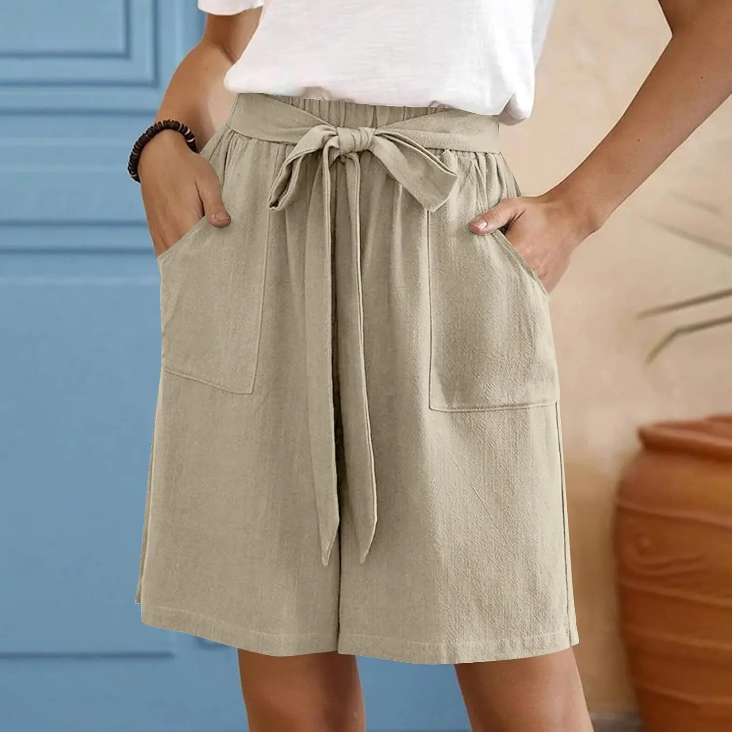 Bermuda Shorts for Women Bowknot Tie Drawstring High Waisted Elastic Comfy Wide Leg with Pocket Lounge Summer