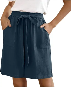 Bermuda Shorts for Women Bowknot Tie Drawstring High Waisted Elastic Comfy Wide Leg with Pocket Lounge Summer