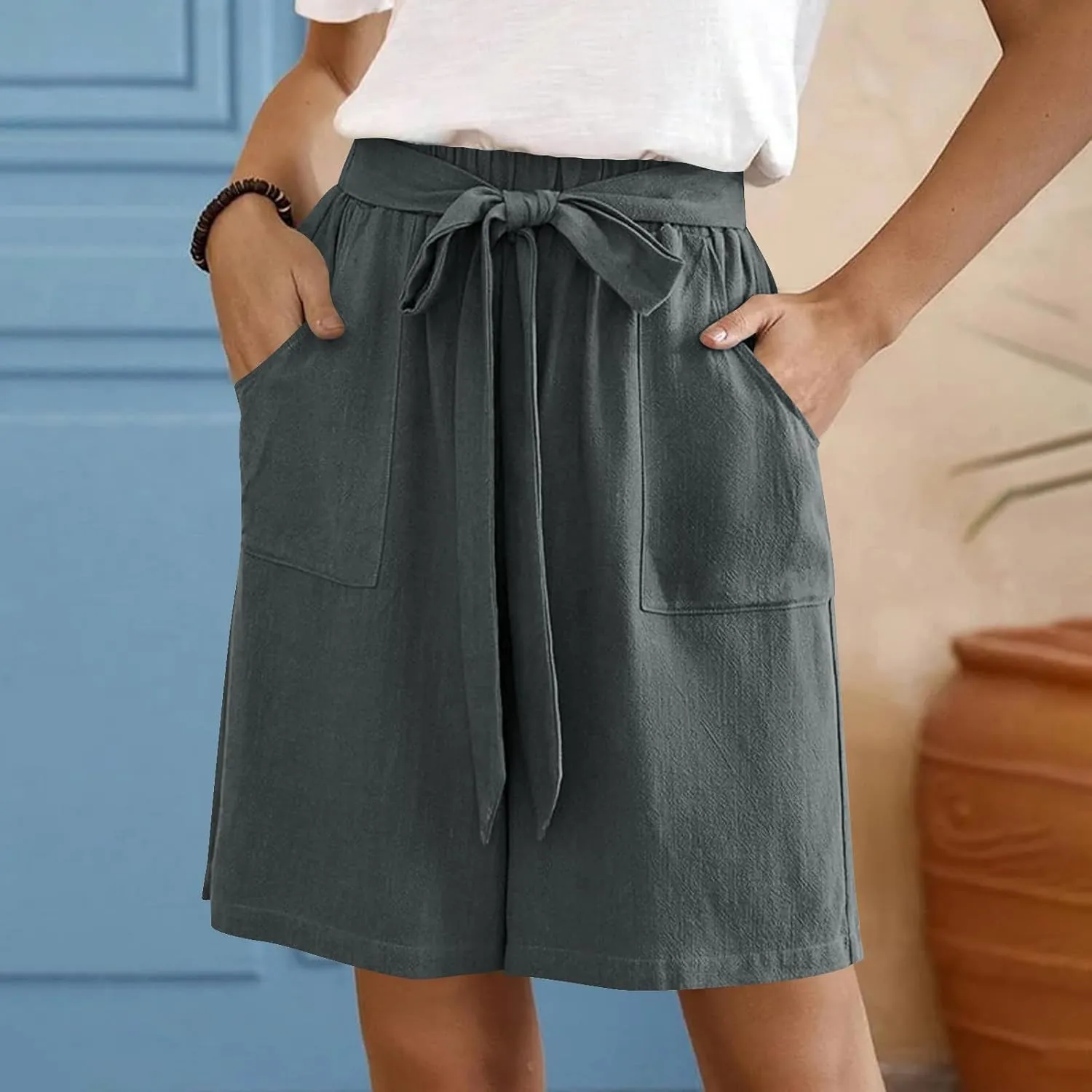 Bermuda Shorts for Women Bowknot Tie Drawstring High Waisted Elastic Comfy Wide Leg with Pocket Lounge Summer