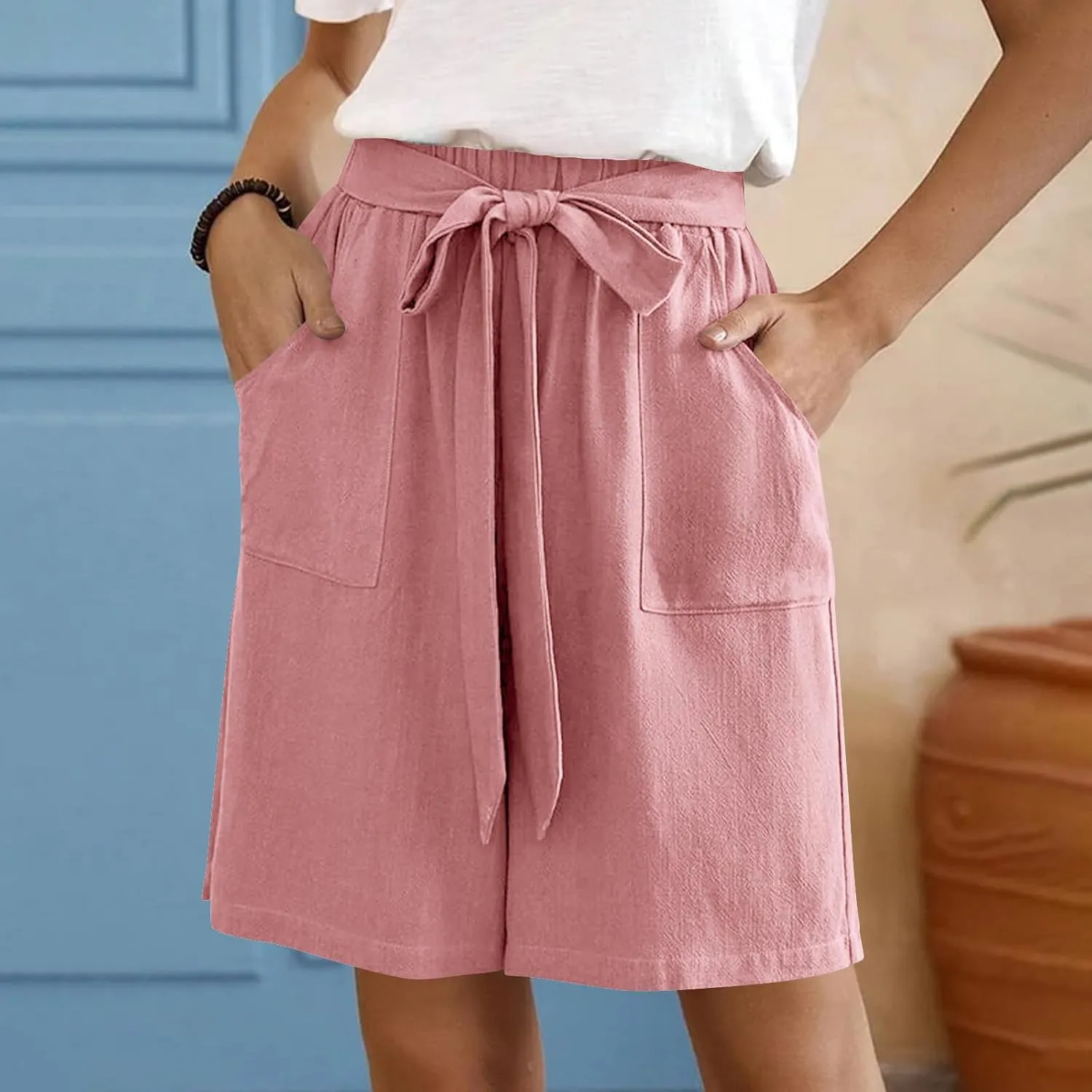 Bermuda Shorts for Women Bowknot Tie Drawstring High Waisted Elastic Comfy Wide Leg with Pocket Lounge Summer