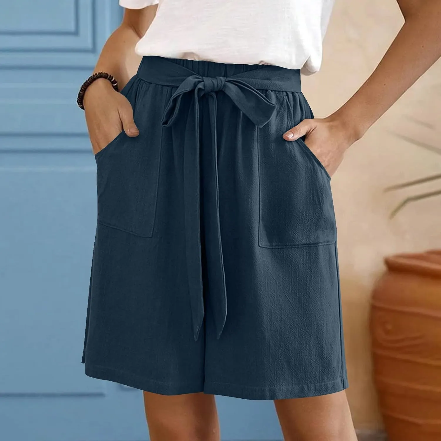 Bermuda Shorts for Women Bowknot Tie Drawstring High Waisted Elastic Comfy Wide Leg with Pocket Lounge Summer