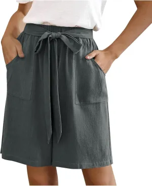 Bermuda Shorts for Women Bowknot Tie Drawstring High Waisted Elastic Comfy Wide Leg with Pocket Lounge Summer
