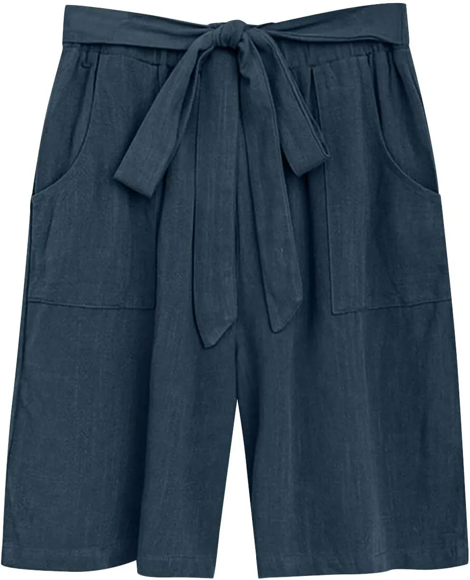 Bermuda Shorts for Women Bowknot Tie Drawstring High Waisted Elastic Comfy Wide Leg with Pocket Lounge Summer
