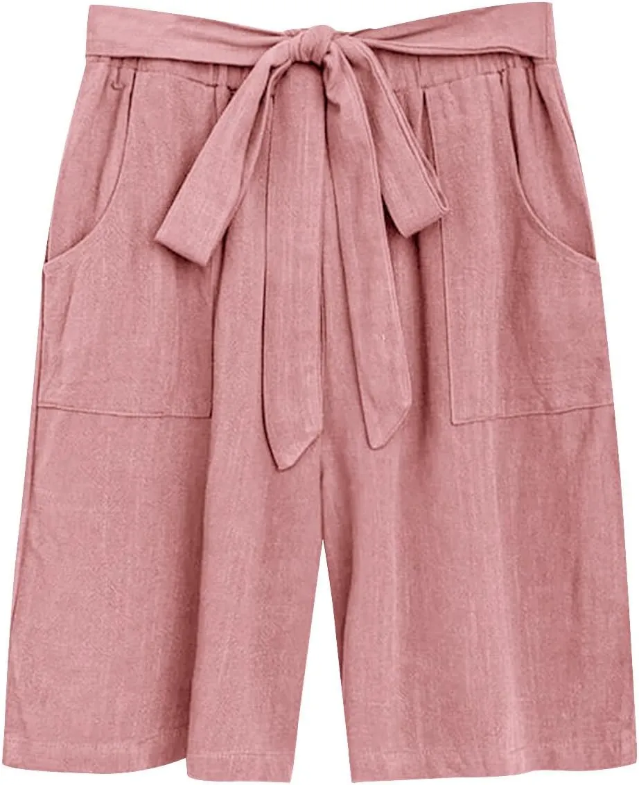 Bermuda Shorts for Women Bowknot Tie Drawstring High Waisted Elastic Comfy Wide Leg with Pocket Lounge Summer