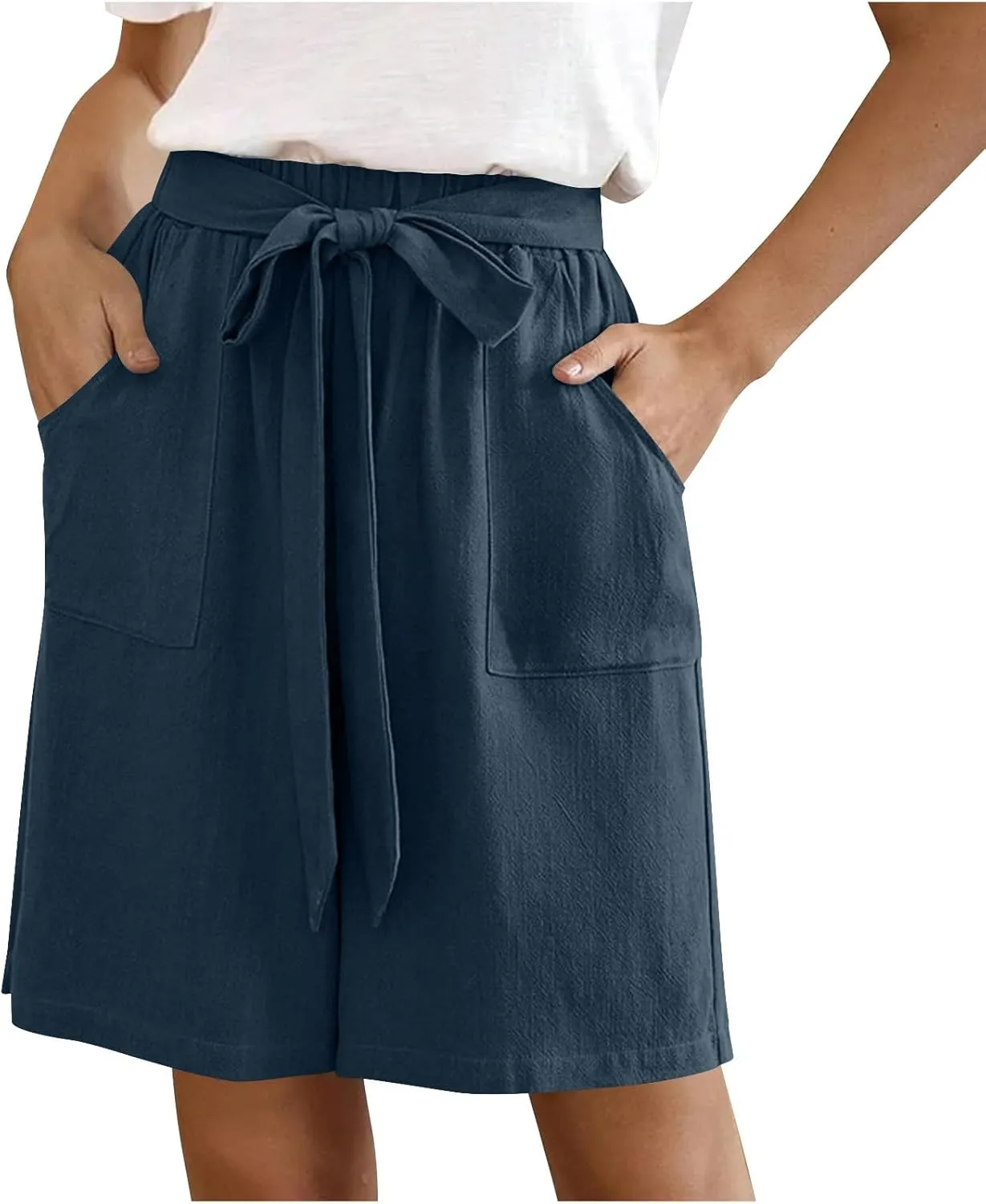 Bermuda Shorts for Women Bowknot Tie Drawstring High Waisted Elastic Comfy Wide Leg with Pocket Lounge Summer