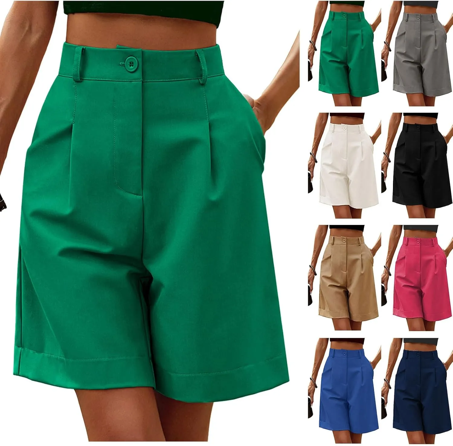 Bermuda Shorts for Women Knee Length Casual High Waisted Wide Leg Shorts Lightweight Cropped Pants with Pockets