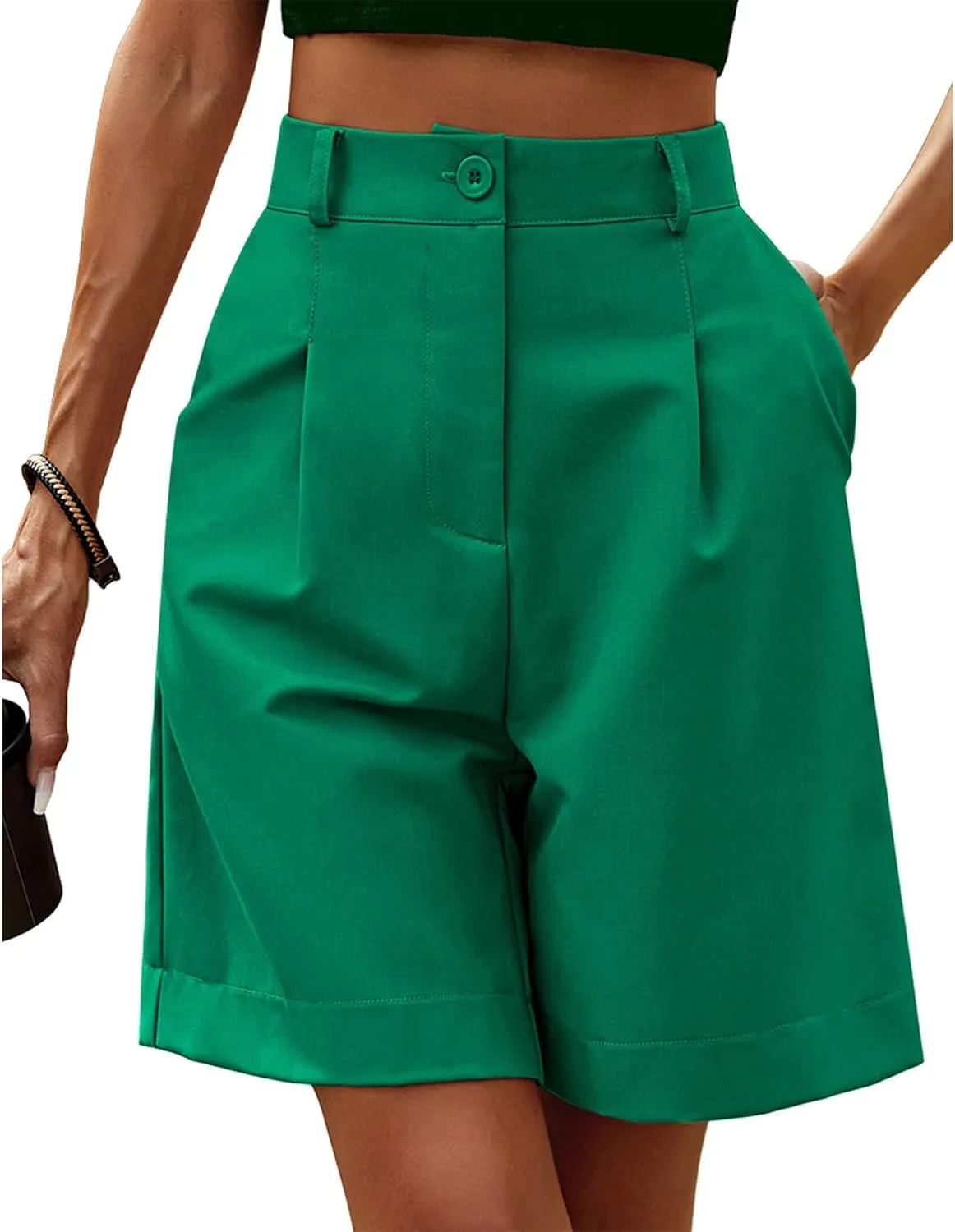 Bermuda Shorts for Women Knee Length Casual High Waisted Wide Leg Shorts Lightweight Cropped Pants with Pockets
