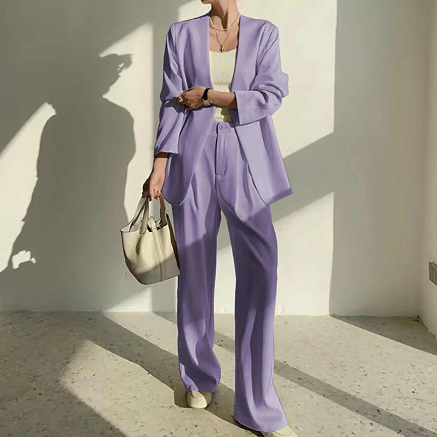 Blazer Sets Women 2 Piece Outfits Casual Loose Long Blazer Jackets and Dressy Wide Leg Pant Suits with Pockets