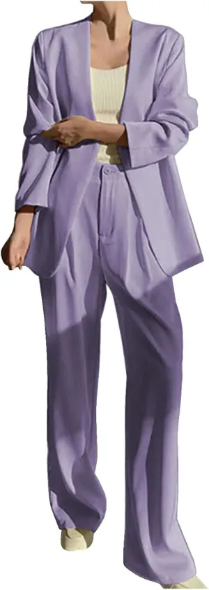 Blazer Sets Women 2 Piece Outfits Casual Loose Long Blazer Jackets and Dressy Wide Leg Pant Suits with Pockets