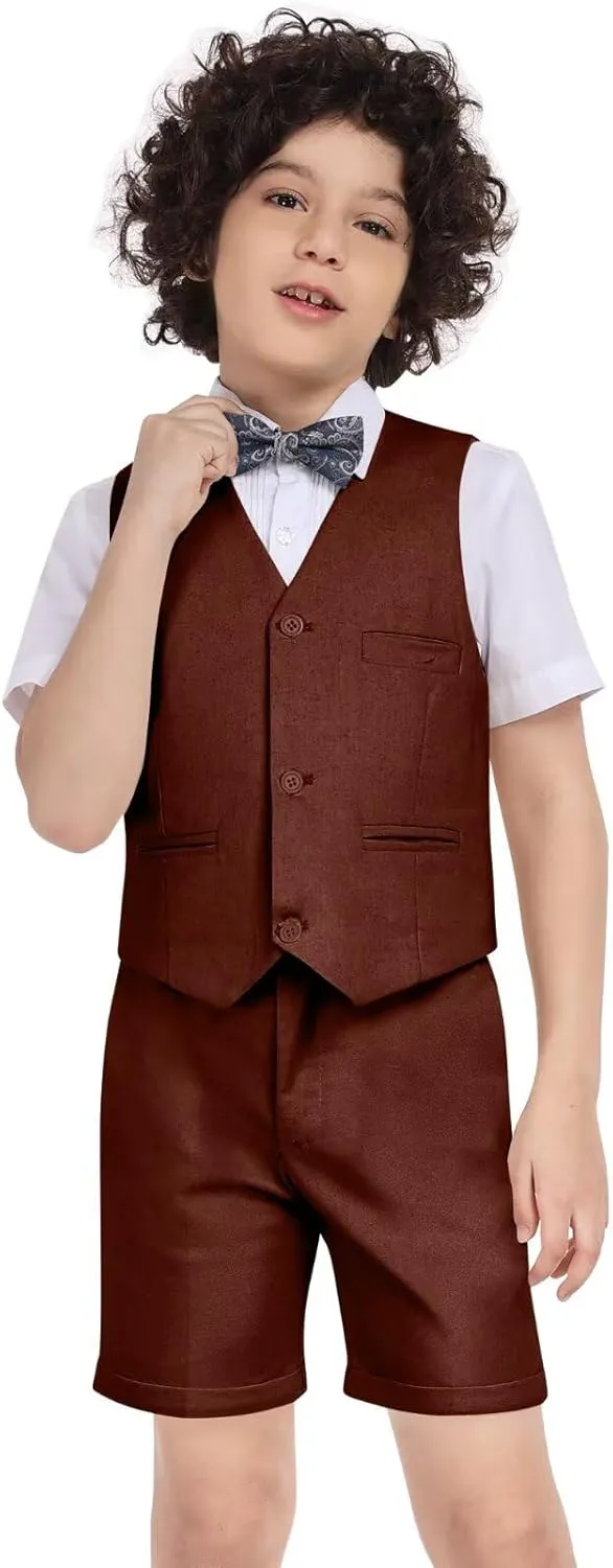 Boys Linen Suit Summer 3 Pieces Slim Fit Kids Suits Beach Wedding Outfit Vest Shorts Shirt Set and Bow Tie