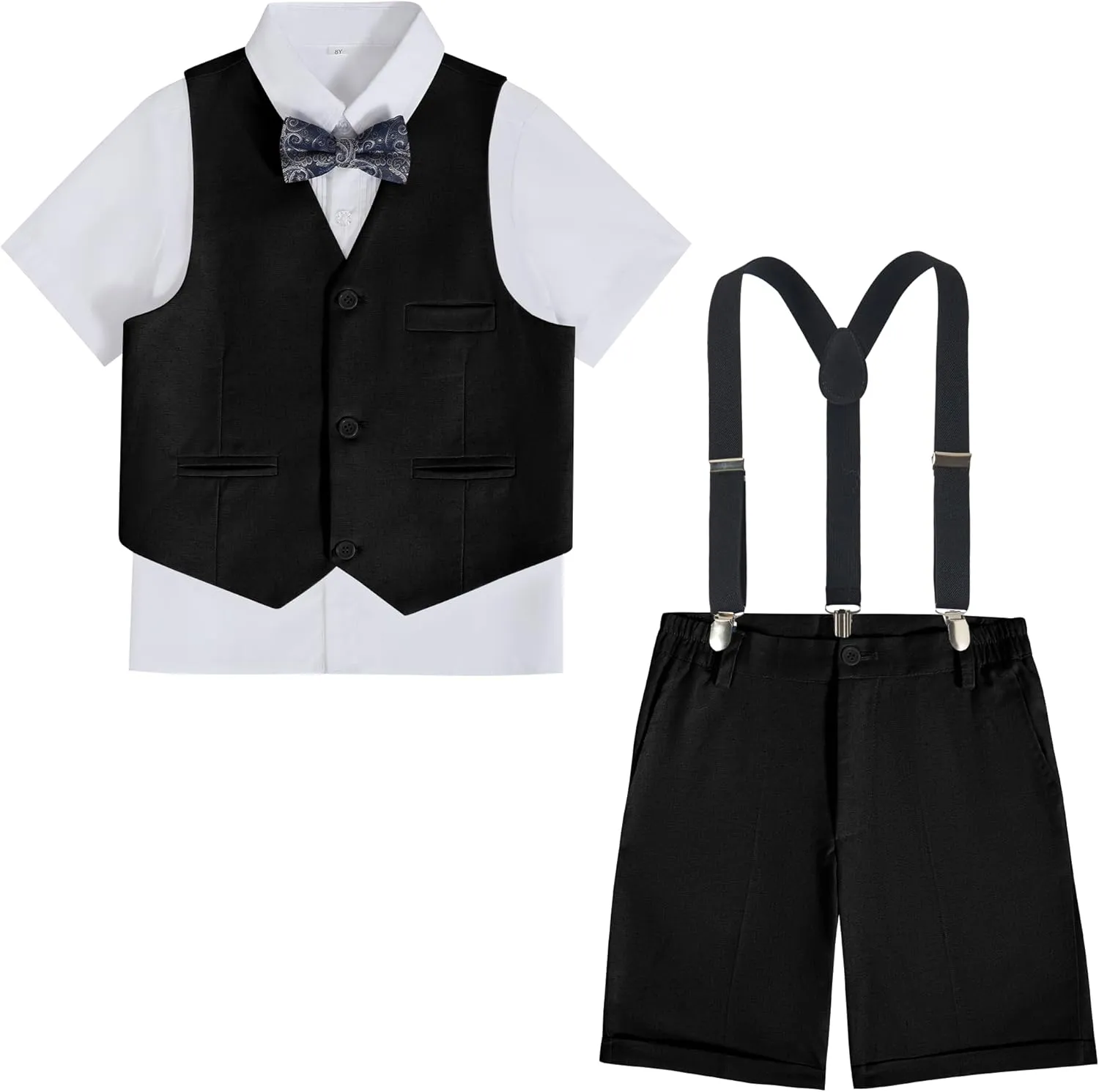 Boys Linen Suit Summer 3 Pieces Slim Fit Kids Suits Beach Wedding Outfit Vest Shorts Shirt Set and Bow Tie