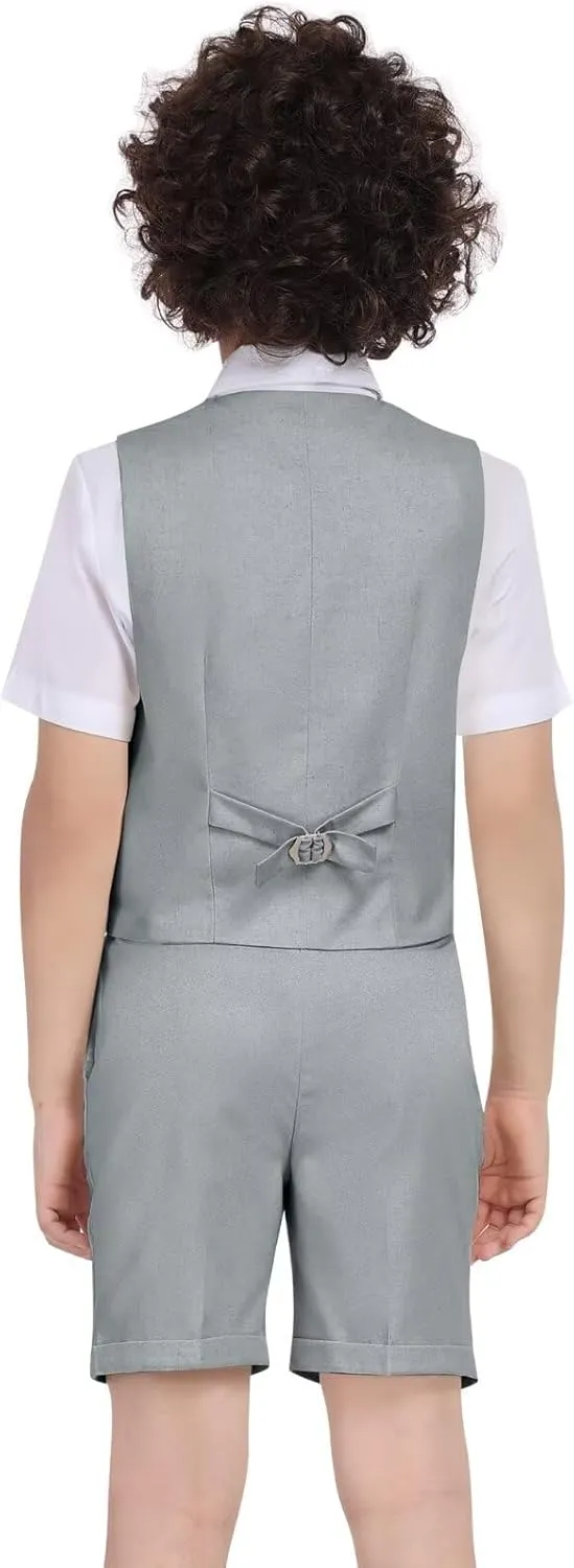 Boys Linen Suit Summer 3 Pieces Slim Fit Kids Suits Beach Wedding Outfit Vest Shorts Shirt Set and Bow Tie