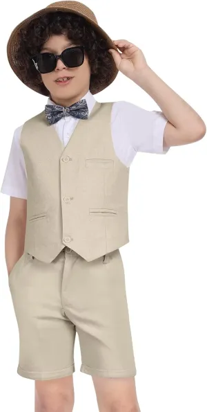 Boys Linen Suit Summer 3 Pieces Slim Fit Kids Suits Beach Wedding Outfit Vest Shorts Shirt Set and Bow Tie