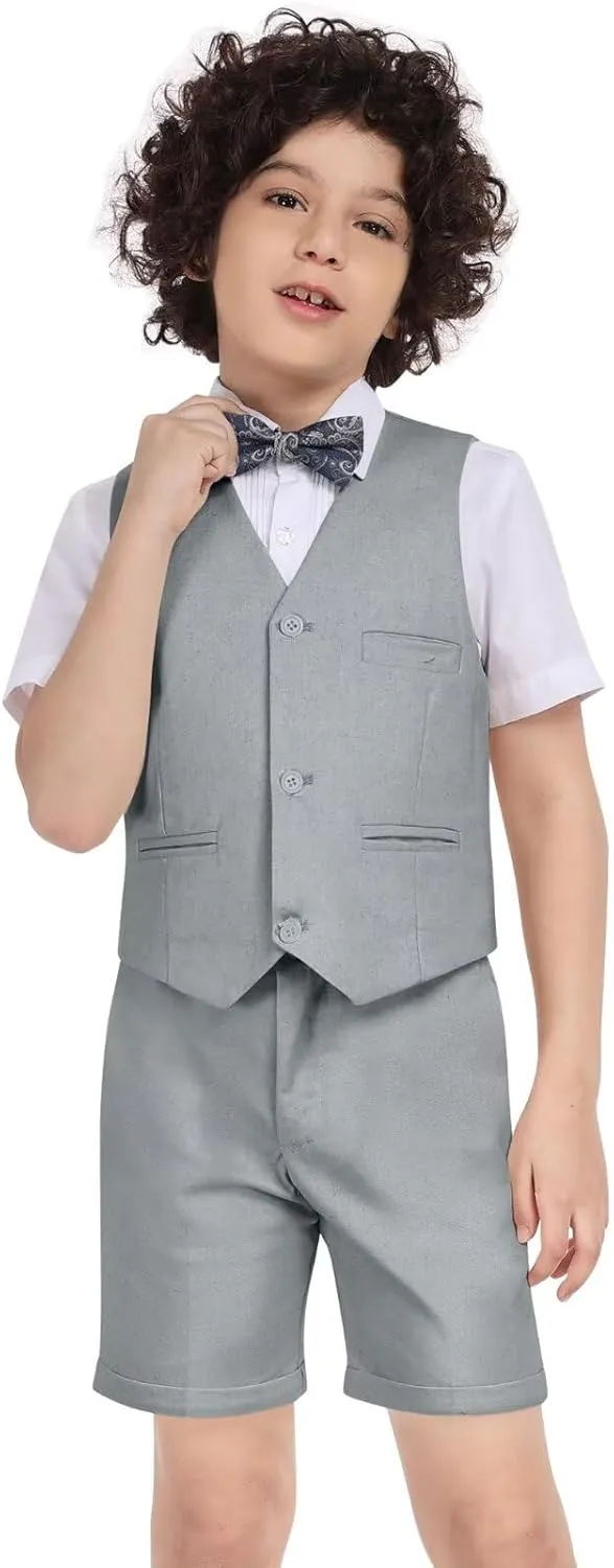 Boys Linen Suit Summer 3 Pieces Slim Fit Kids Suits Beach Wedding Outfit Vest Shorts Shirt Set and Bow Tie