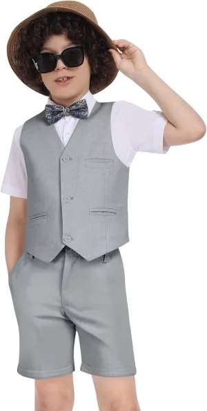 Boys Linen Suit Summer 3 Pieces Slim Fit Kids Suits Beach Wedding Outfit Vest Shorts Shirt Set and Bow Tie