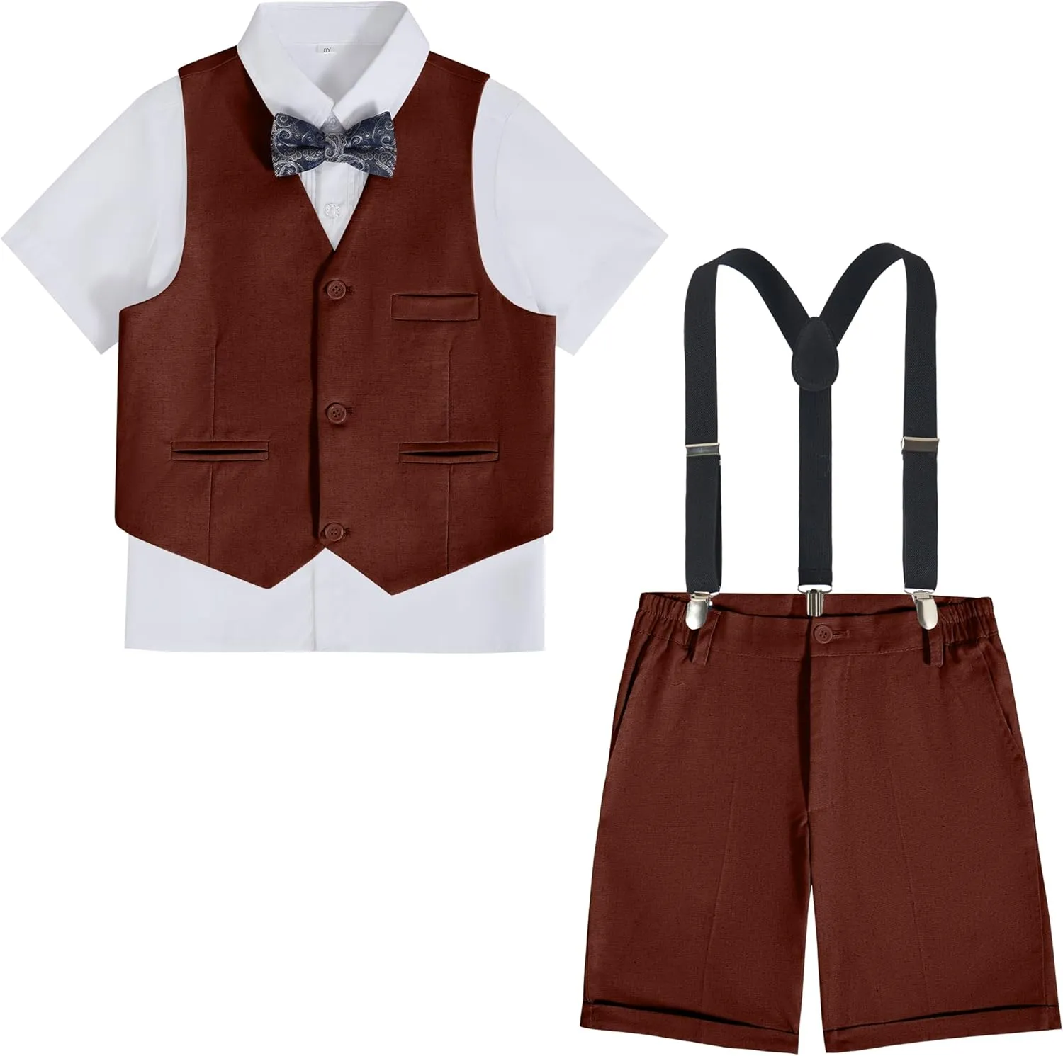 Boys Linen Suit Summer 3 Pieces Slim Fit Kids Suits Beach Wedding Outfit Vest Shorts Shirt Set and Bow Tie