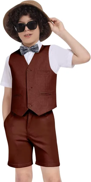Boys Linen Suit Summer 3 Pieces Slim Fit Kids Suits Beach Wedding Outfit Vest Shorts Shirt Set and Bow Tie