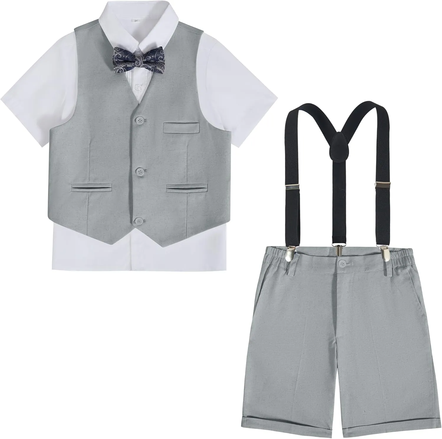Boys Linen Suit Summer 3 Pieces Slim Fit Kids Suits Beach Wedding Outfit Vest Shorts Shirt Set and Bow Tie