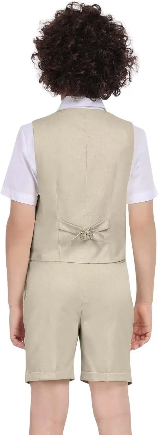 Boys Linen Suit Summer 3 Pieces Slim Fit Kids Suits Beach Wedding Outfit Vest Shorts Shirt Set and Bow Tie