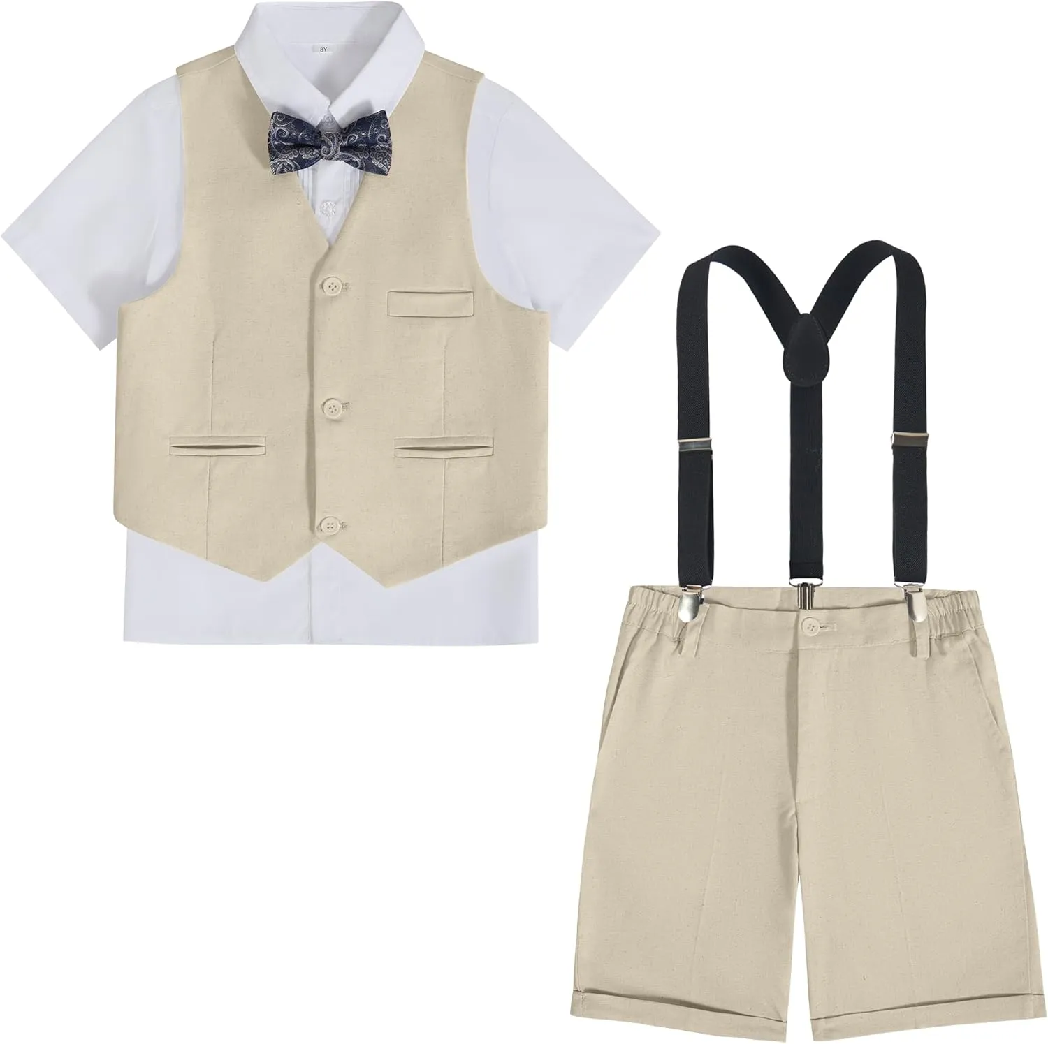 Boys Linen Suit Summer 3 Pieces Slim Fit Kids Suits Beach Wedding Outfit Vest Shorts Shirt Set and Bow Tie