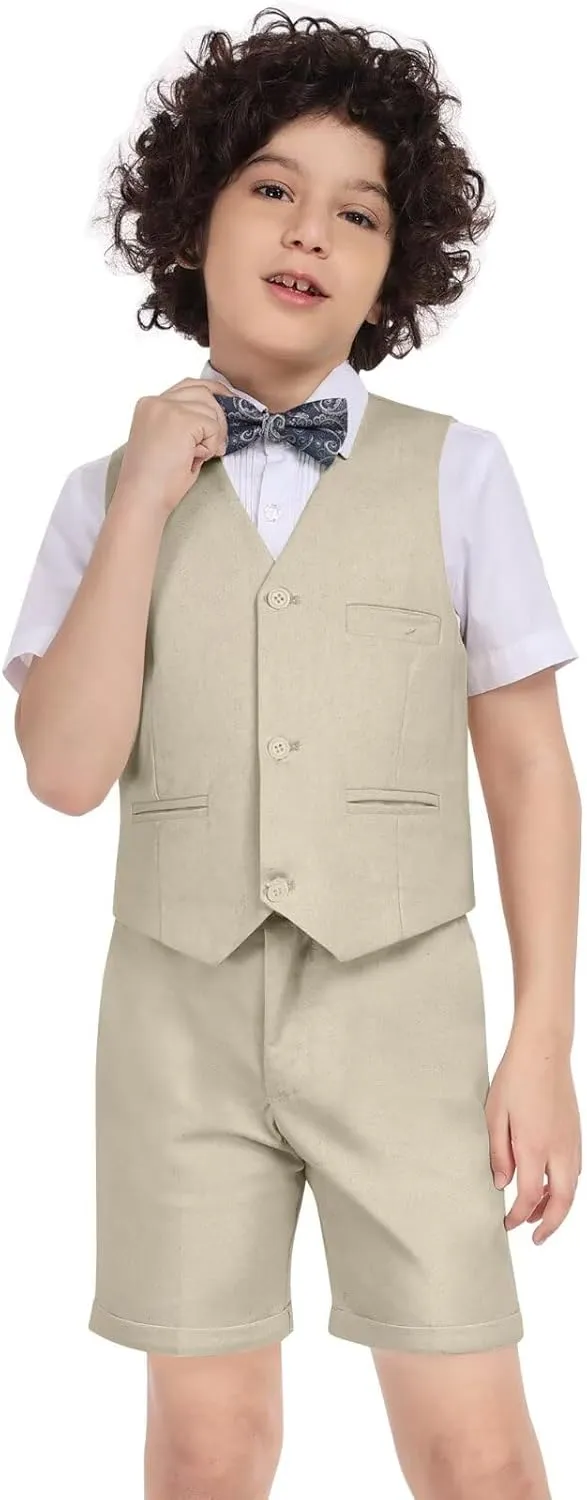 Boys Linen Suit Summer 3 Pieces Slim Fit Kids Suits Beach Wedding Outfit Vest Shorts Shirt Set and Bow Tie