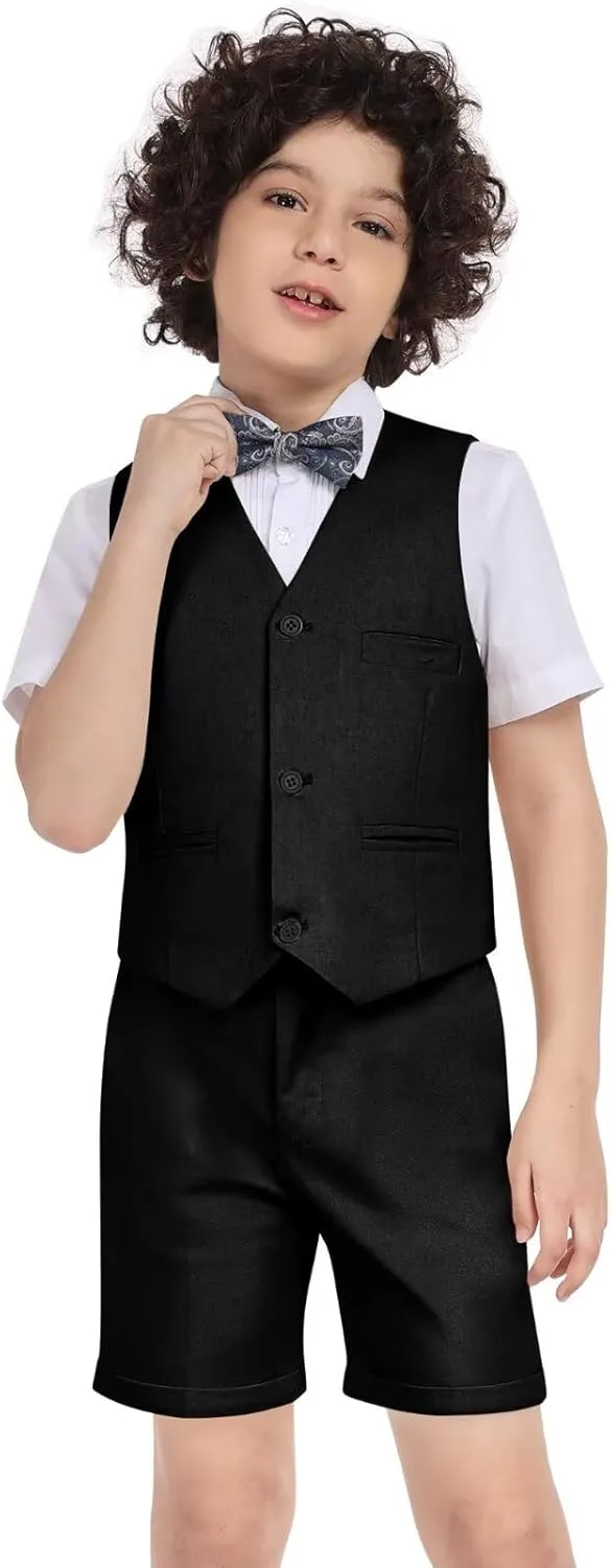 Boys Linen Suit Summer 3 Pieces Slim Fit Kids Suits Beach Wedding Outfit Vest Shorts Shirt Set and Bow Tie