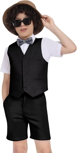 Boys Linen Suit Summer 3 Pieces Slim Fit Kids Suits Beach Wedding Outfit Vest Shorts Shirt Set and Bow Tie