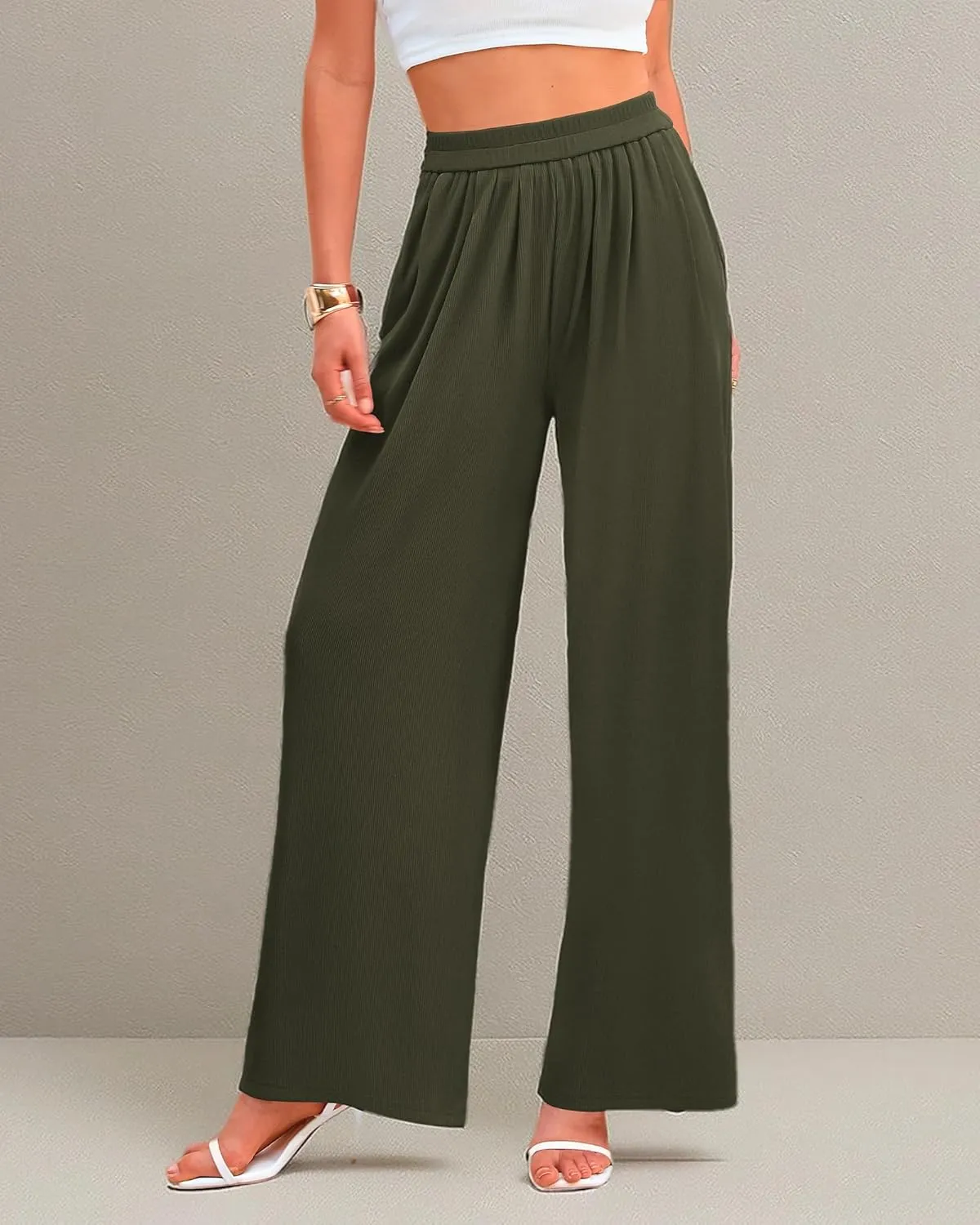 BTFBM Womens Casual Wide Leg Pants Summer Fall Clothes Pleated Elastic Waist Loose Palazzo Knit Trousers with Pockets