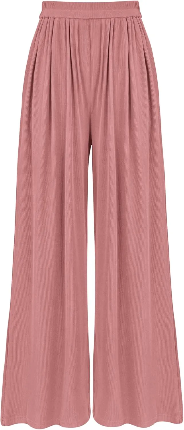 BTFBM Womens Casual Wide Leg Pants Summer Fall Clothes Pleated Elastic Waist Loose Palazzo Knit Trousers with Pockets