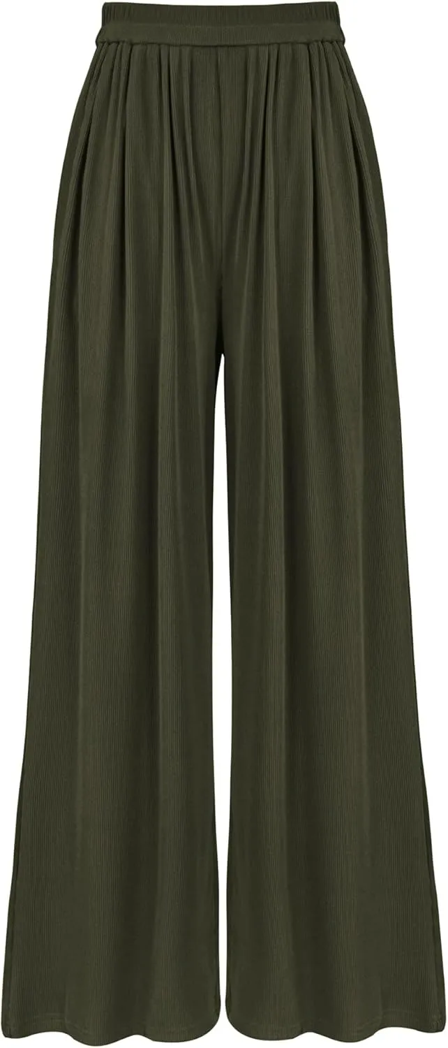 BTFBM Womens Casual Wide Leg Pants Summer Fall Clothes Pleated Elastic Waist Loose Palazzo Knit Trousers with Pockets