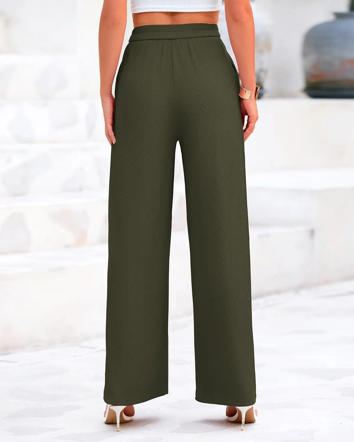 BTFBM Womens Casual Wide Leg Pants Summer Fall Clothes Pleated Elastic Waist Loose Palazzo Knit Trousers with Pockets