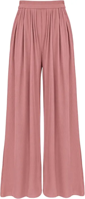 BTFBM Womens Casual Wide Leg Pants Summer Fall Clothes Pleated Elastic Waist Loose Palazzo Knit Trousers with Pockets