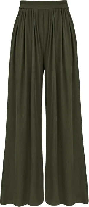 BTFBM Womens Casual Wide Leg Pants Summer Fall Clothes Pleated Elastic Waist Loose Palazzo Knit Trousers with Pockets