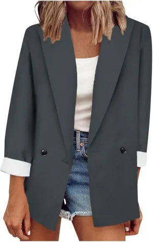 Button Down Open Front Blazers for Women Fashion Spring Summer Lapel Neck Long Sleeve Casual Jackets with Pockets
