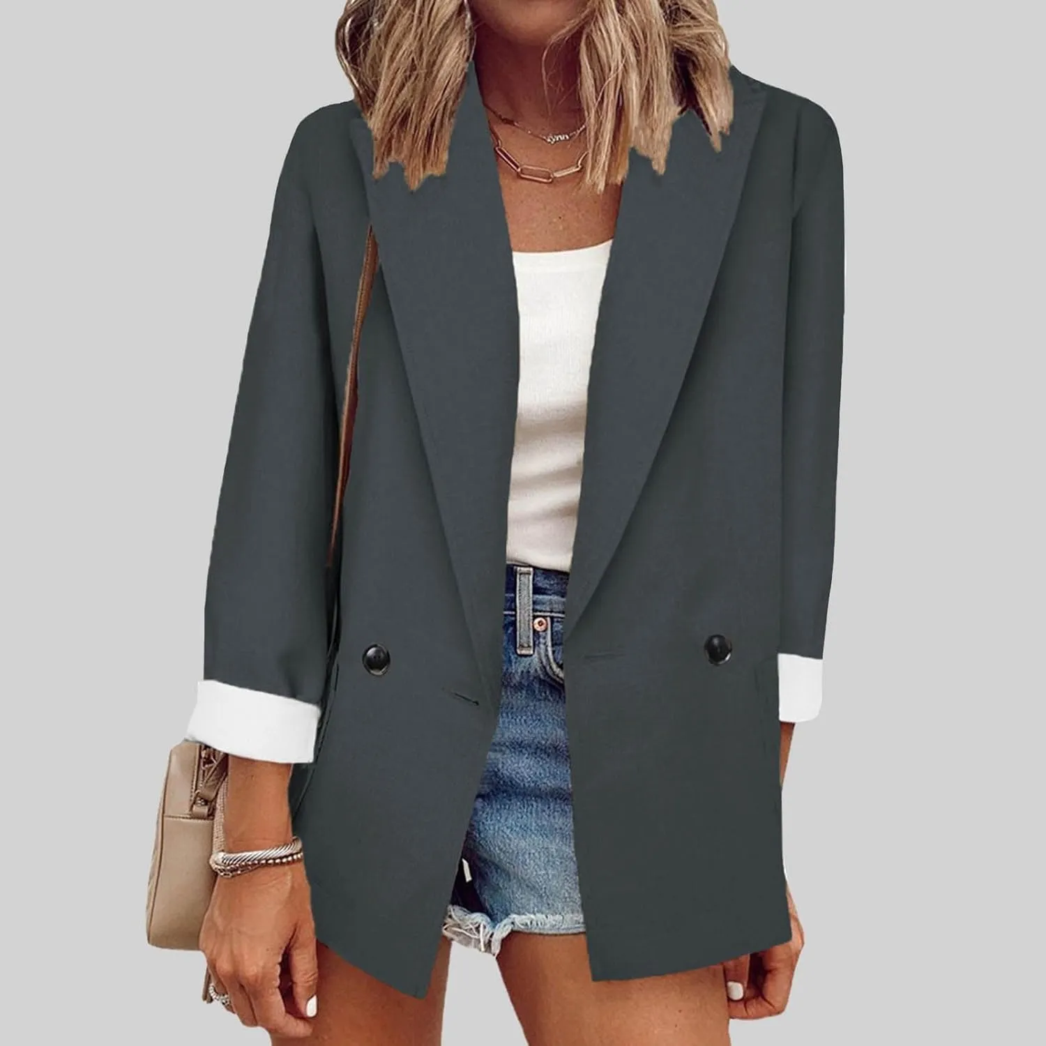 Button Down Open Front Blazers for Women Fashion Spring Summer Lapel Neck Long Sleeve Casual Jackets with Pockets